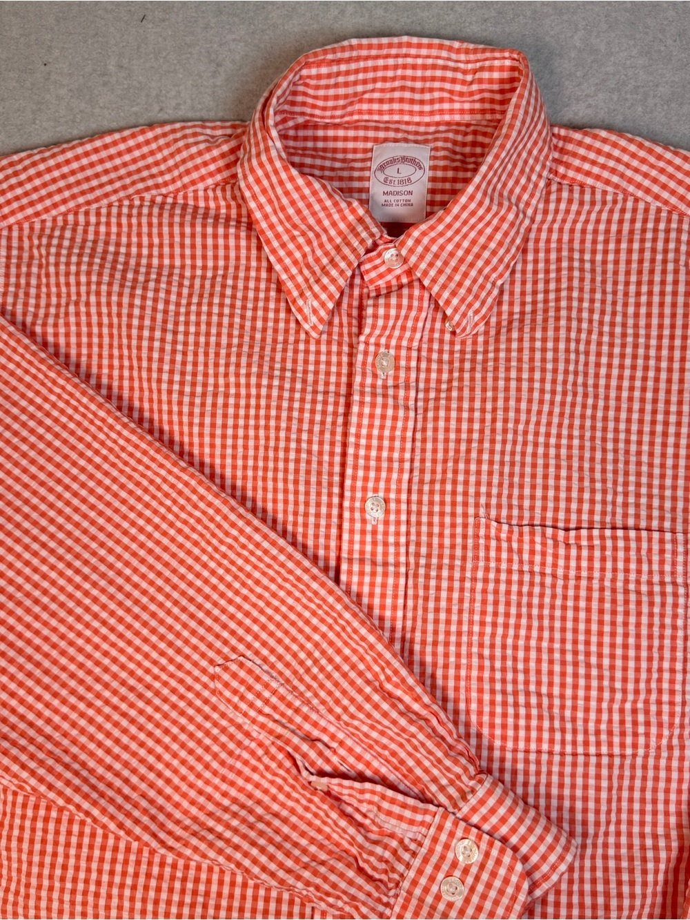 Brooks Brothers Men's Orange Gingham Seersucker Button-Down Shirt